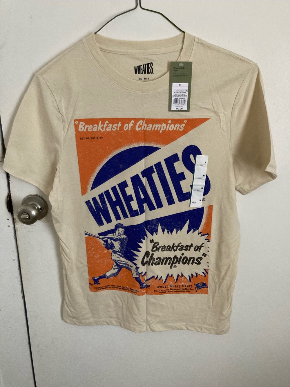 Hanes Cream Wheaties Retro Graphic Tee with Orange & Blue Print